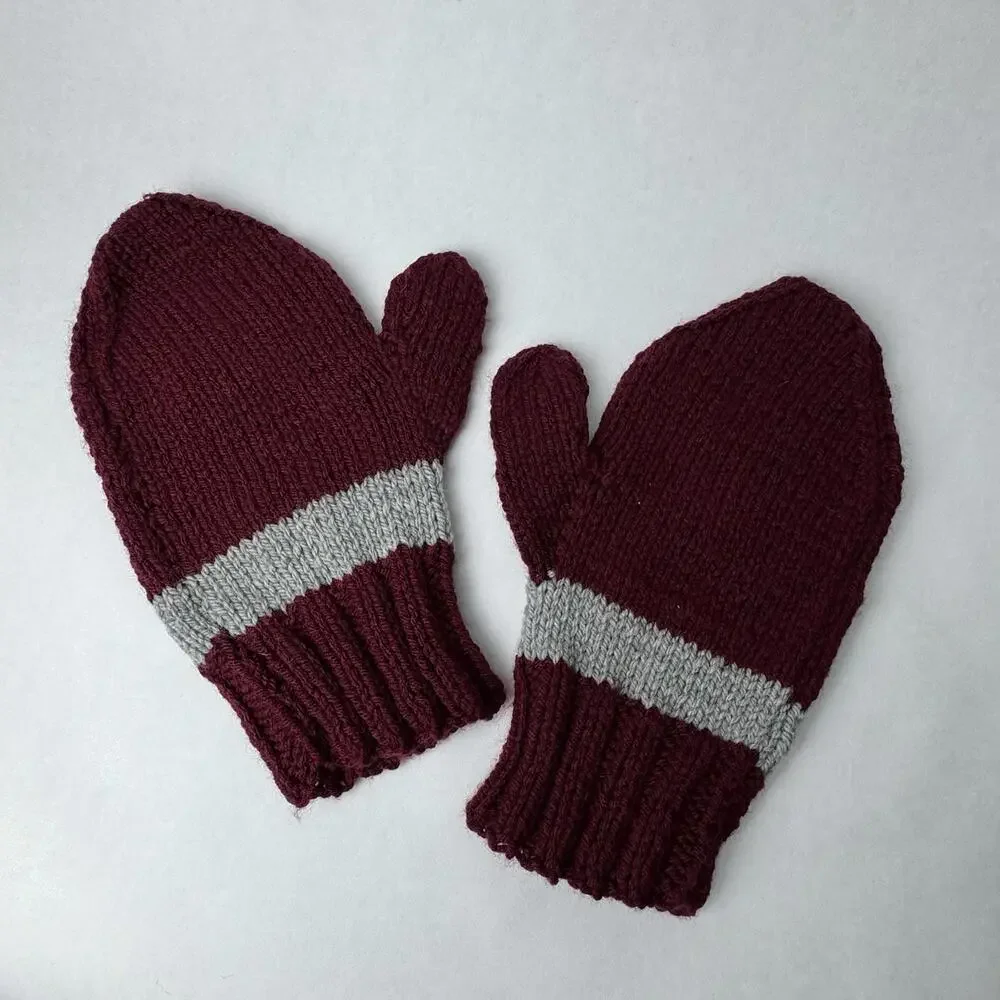 Hand Knit Mittens Burgundy Wine Red‎ Gray Stripe Adult 10”x5”